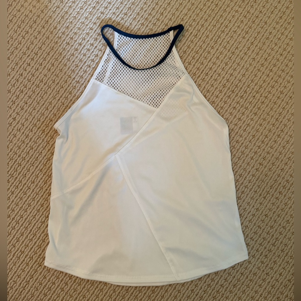 Lucky in love white tank with blue trim at neck  size small like new, perfect